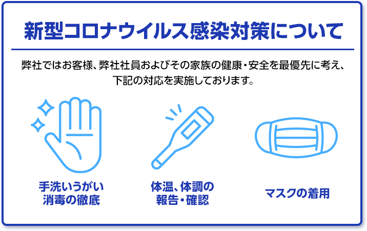 新型コロナウイルス感染対策について・手洗いうがい消毒の徹底・体温、体調の報告・確認・マスクの着用